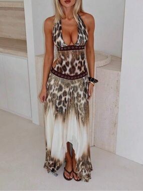 Fashion Nova Animal Print Halter Maxi Dress in Brown and Cream